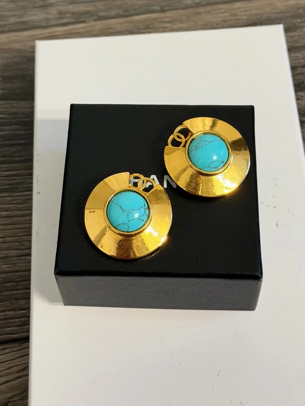 Chanel Vintage Gold Turquoise Stone CC Clip On Earrings